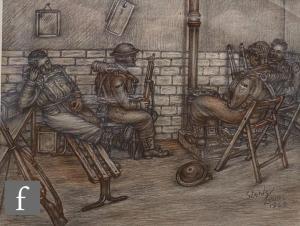 STANLEY Lewis,Soldiers resting in front of a stove,1940,Fieldings Auctioneers Limited 2024-01-11