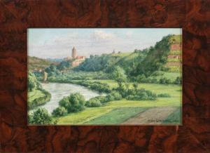STARCKE RICHARD 1864-1945,Flusslandschaft mit kleiner Stadt und Burg,Schloss DE 2021-09-11