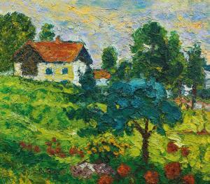 STARK Karl 1921-2011,Landschaft mit Haus und Mohnwiese,1982,im Kinsky Auktionshaus AT 2023-11-27