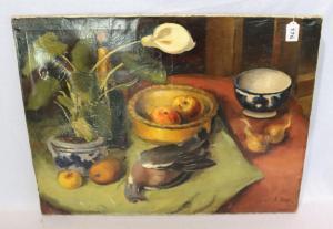 STEEL Albert,Obststillleben mit Calla und Taube auf Tisch arran,1963,Merry Old England 2022-06-09