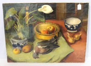 STEEL Albert 1930,Obststillleben mit Calla und Taube auf Tisch arran,Merry Old England DE 2022-04-14