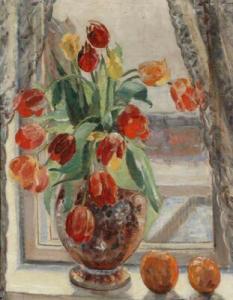 STEGLER Albert,Still life with tulips and oranges on a window sil,1922,Bruun Rasmussen 2022-01-03