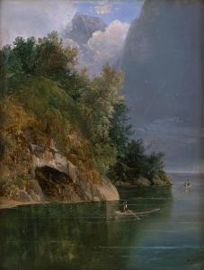 STEINFELD Franz II 1787-1868,Alpensee mit zwei Kähnen,1839,Galerie Bassenge DE 2023-06-08