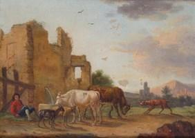 STEINKOPF Johann Friedrich 1737-1825,Rustic with livestock by a ruin and in a land,Woolley & Wallis 2017-03-15