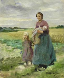 STERRE DE JONG Jacobus Frederik 1866-1920,Moeder met kinderen in de wei,Venduehuis NL 2022-10-11