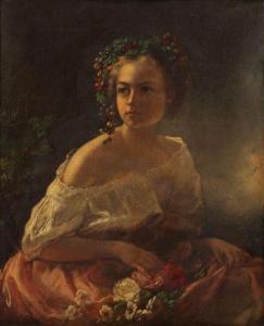 STERRER Franz 1818-1901,Portrait of a Girl with Floral and Berry Wreath,1854,Jackson's US 2019-07-30