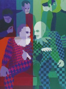 STETTLER RUDOLF,Bildnis mit maskenhaften Figuren in linearen Farbf,1993,Dobiaschofsky 2006-11-01