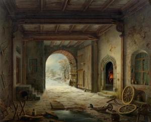 STEUERWALD WILHELM 1815-1871,Blacksmith's forge in winter,1853,Galerie Koller CH 2016-09-23