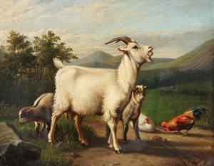 STEVENS D 1800-1800,Bok, schapen, haan en kippen in landschap,Bernaerts BE 2012-05-07