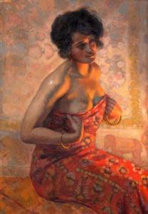 STEVENS Gustave Max,Jeune femme assise à la robe rouge éclairée par la,Millon & Associés 2021-12-19