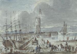 Stewart James 1779-1849,Soldiers and horse-drawn carts on the pier at Whit,Christie's GB 2011-11-24