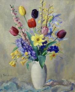 STIERHOUT Joseph Anthon., Joop 1911-1997,Boeket met tulpen, narcissen, lila, kersenbloes,Venduehuis 2021-07-04