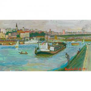 STOJAVIKEVIC Zivko,A CITY HARBOUR WITH BOATING AND PEOPLE FISHING,1965,Waddington's 2010-11-30