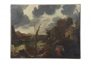 STOM Antonio 1688-1734,Stormy rocky cove with boats and figures by a building,Keys GB 2020-07-29