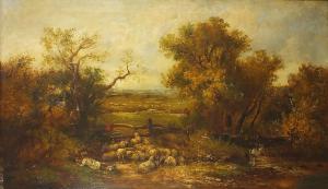 STONE William R 1865-1878,Young boy beside a stream with flock of sheep,Eastbourne GB 2021-05-25