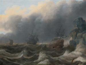 STOOTER Cornelis Leonardsz 1595-1655,Ships in a stormy sea near a cliff,Palais Dorotheum 2017-12-18
