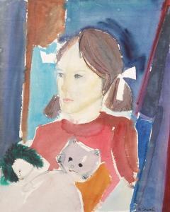 STORCH Carl 1864-1954,Mädchen mit Teddy und Puppe,c.1950,Wendl DE 2017-03-02