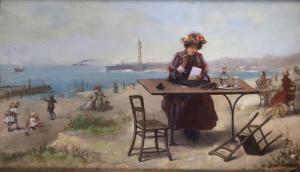 Strasser Edouard 1820-1880,Femme écrivant une lettre sur la plage,Bayeux Encheres FR 2023-02-05
