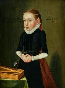 STRAUCH Lorenz,Portrait of a girl standing beside a virginal,1583,Uppsala Auction 2023-12-12
