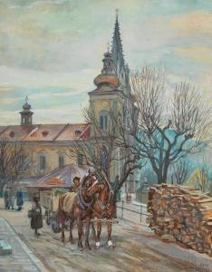 STRAUCH Ludwig Karl 1875-1959,A motif from Mariazell: pilgrim church and hors,1943,Palais Dorotheum 2020-04-03