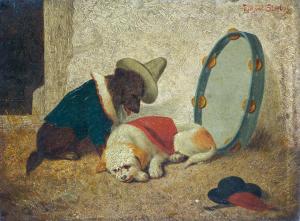 STREBEL Richard 1861-1949,Zwei maskierte Zirkushündchen erschöpft neben Tamb,Leo Spik DE 2015-10-08