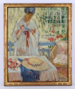 STREBELLE Rodolphe,domestic garden scene with woman in a white dress,1917,Ewbank Auctions 2022-10-26