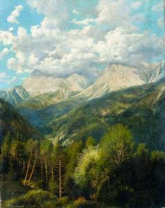 STREHMEL Reinhold 1870-1945,Bewaldetes Bergtal mit karstigen Gipfeln in Wolken,Leo Spik 2016-07-07