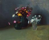 STROBL Hans 1913-1974,Blumenstilleben in drei Vasen, darunter Edelweißst,1944,Zeller DE 2015-09-24