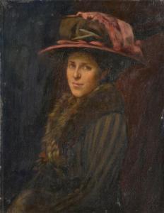 STROBL Zsofia 1866,PORTRAIT OF A LADY IN A RED HAT,Mellors & Kirk GB 2017-11-29