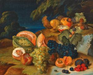 STROHMAYER Antal Jozsef,Still life with melons, grapes, peach and c,1850,Palais Dorotheum 2023-09-07
