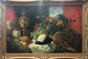 STUART William,Still life study with fruit, chalice and peacock,1858,Andrew Smith and Son 2020-06-24
