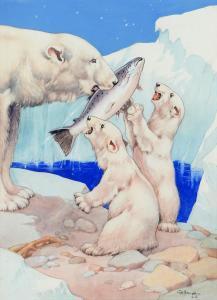 STUDDY George Ernest 1878-1948,A Polar Bear Feeding its Cubs a Fish,Mellors & Kirk GB 2023-11-07