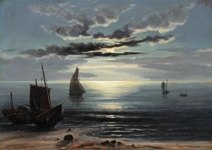 STUHLMANN Heinrich,Seascape with sailing ships in the moonlight,1847,Bruun Rasmussen 2020-03-23