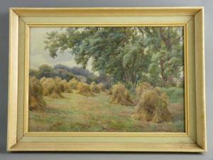SUDDARDS Frank 1864-1938,field of stooked corn with overhanging trees,Rogers Jones & Co 2018-02-27