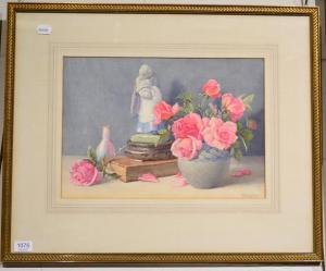 SUDDARDS Frank 1864-1938,still life of pink roses beside a statue and a book,Tennant's GB 2018-07-27