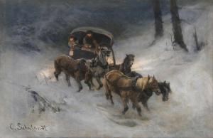 SUHRLANDT Carl 1828-1919,Pferdegespann im winterlichen Wald,Stahl DE 2019-06-15