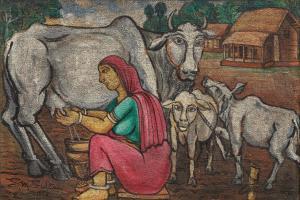 SULTAN SHEIKH MOHAMMED,Untitled (Farmerette milking a cow with calves),1983,Bonhams 2023-11-14