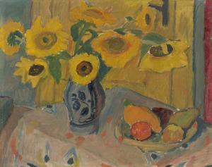 SUNDERHAUF Hans 1929-2009,Stillleben mit Sonnenblumen und Obstschale,1947,Villa Grisebach 2021-08-08