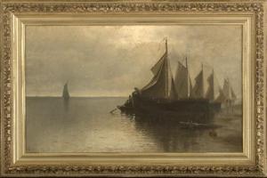 SUNTER Harry J 1800-1900,Sailboats at Harbor Under the Moonlight,1885,New Orleans Auction 2010-03-27