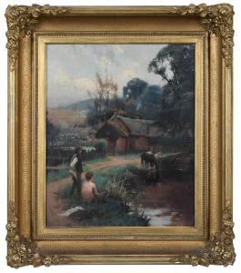 SUTHERS Leghe 1856-1924,Rural Scene with Figures by a Cottage,Brunk Auctions US 2022-02-04