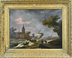 SWAGERS Frans 1756-1836,Storm at harbor mouth with boats and figures,Twents Veilinghuis 2024-01-11