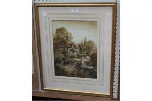 SWAN E.A,Woman at a Duck Pond outside a Thatched Cottage,Tooveys Auction GB 2015-05-20