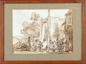 SWEBACH DESFONTAINES Jacques Francois J 1769-1823,Caravane et cavalier devant une au,Gros-Delettrez 2024-02-15