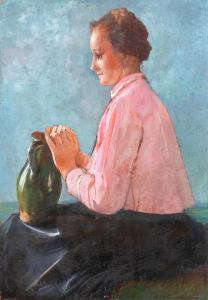 SZANTHO Maria 1902-1994,Girl in pink blouse with green jug,Nagyhazi galeria HU 2023-12-12