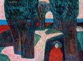 SZENTGYORGYI Kornel 1916-2006,Landscape with woman in red coat,Nagyhazi galeria HU 2020-12-08