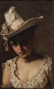 SZYNDLER Pantaleon 1846-1905,Portret damy w białym kapeluszu,Desa Unicum PL 2022-07-13