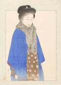 TAKEUCHI Keishu 1861-1943,Depicting a woman wearing a blue robe with a fur c,Eldred's US 2015-08-25