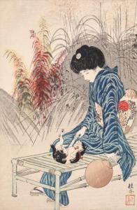 TAKEUCHI Keishu 1861-1943,Young woman playing with a cat,1912,Artmark RO 2022-04-12
