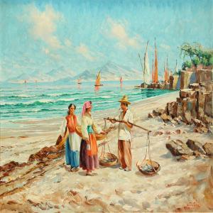 TALGE Chr Aabye 1898,Southern coastal scenery with women and fisherman ,Bruun Rasmussen 2011-10-24