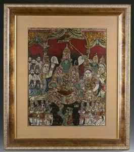 TANJORE SCHOOL,seated deity with green skin surrounded by figures,Quinn's US 2015-03-07